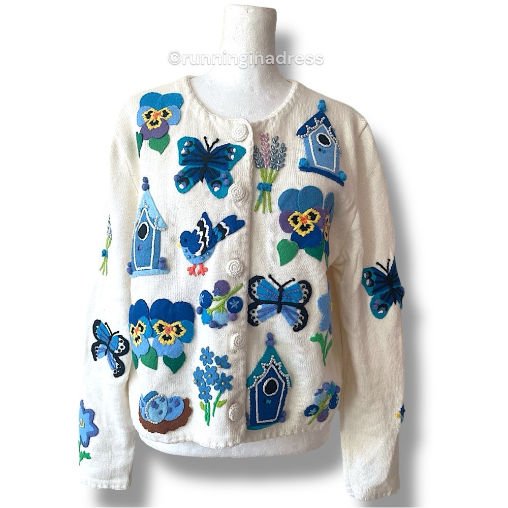 Vintage Michael Simon White Cardigan Embroidered Birdhouses Butterflies Flower L